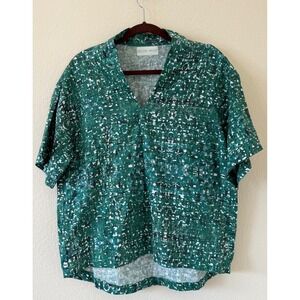 Brooke Wright Designs Green Abstract Print V-Neck Cotton Linen Blouse Top Size